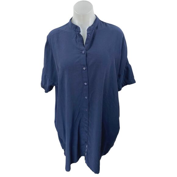 & Other Stories Navy Blue Short Sleeve Button Down Tunic Mini Shirt Dress Size 4 - Picture 1 of 5